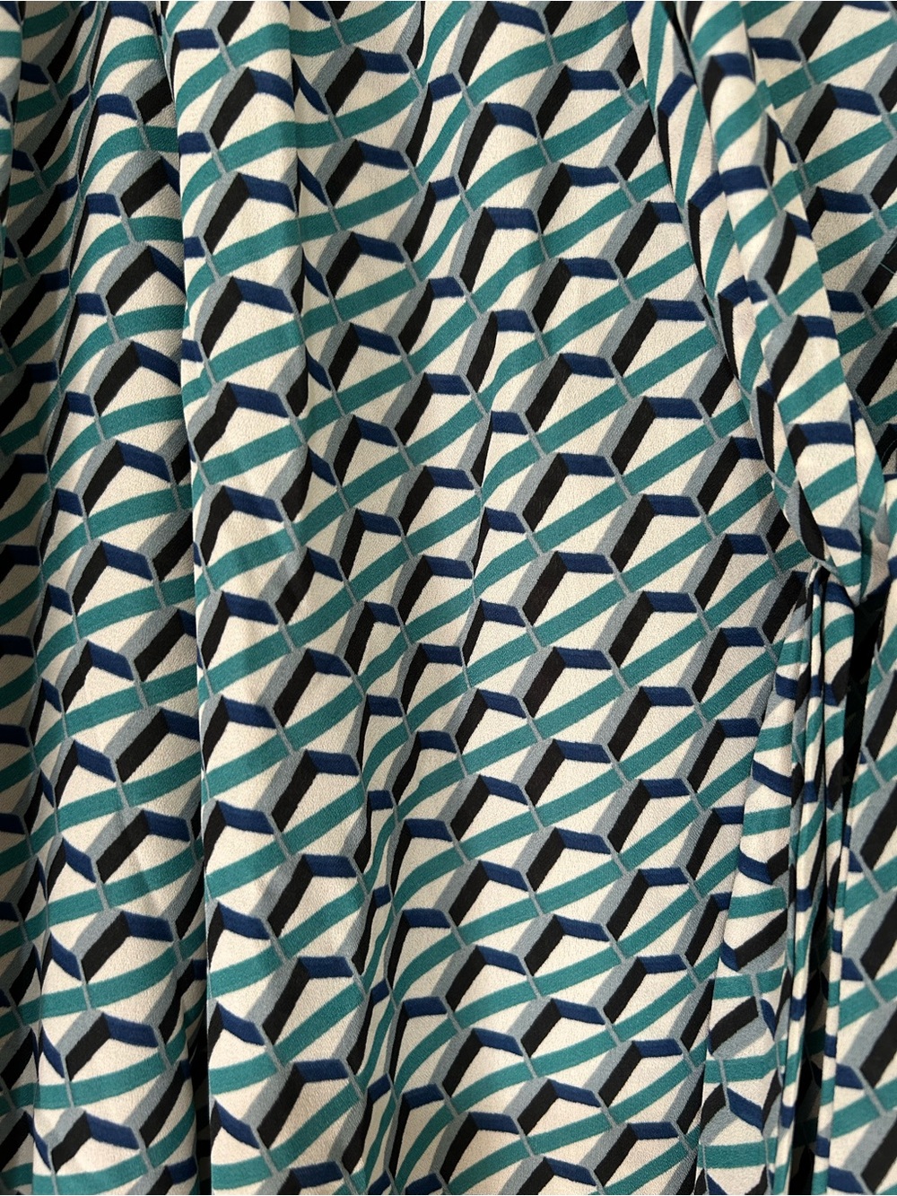 Max Studio Teal, Navy and White Geometric Tie-Neck Button-Down Blouse Top - NWT - Picture 4 of 14
